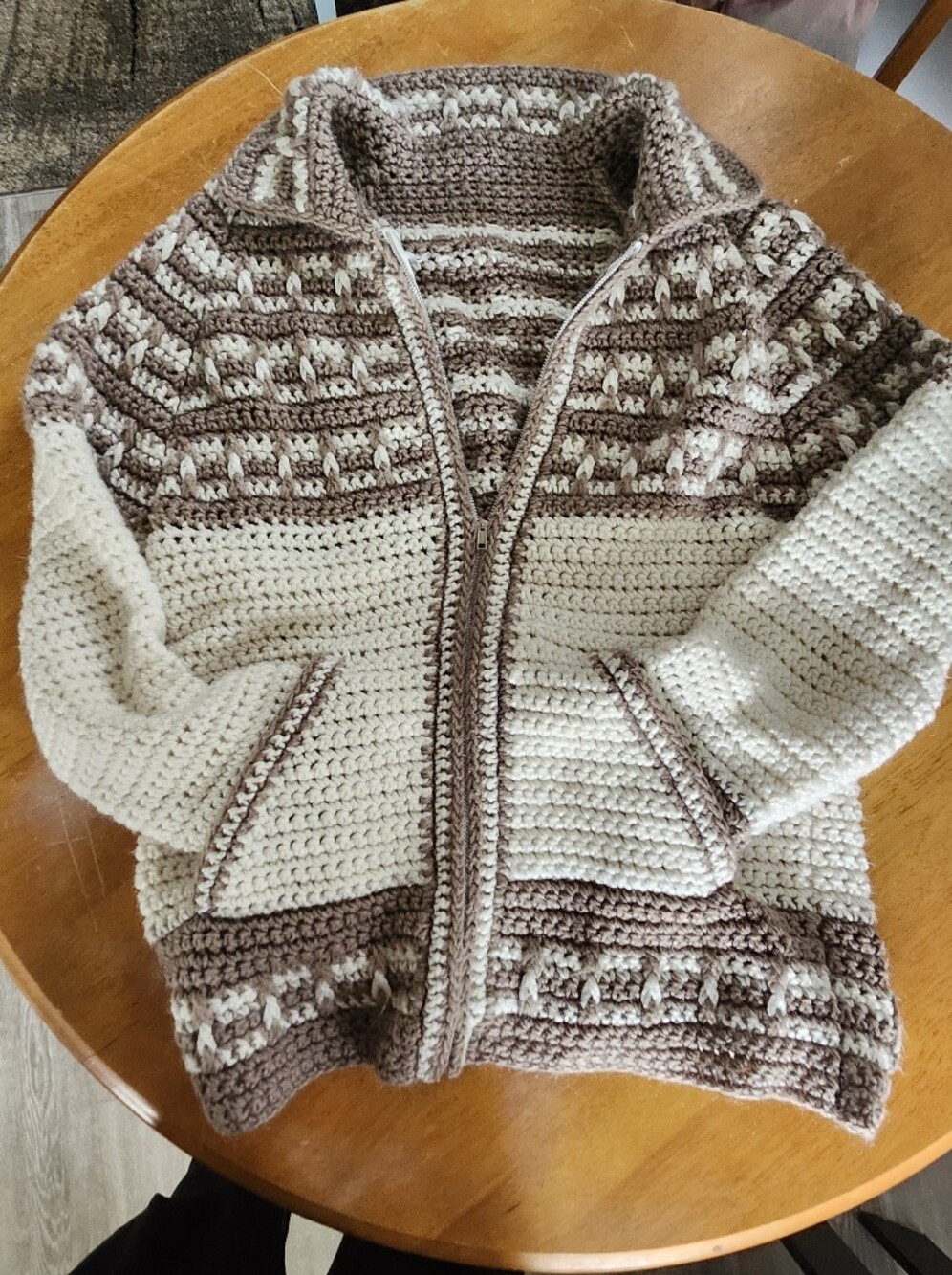 Hand Knit Cream & Brown Oversized Zip Cardigan | Chunky Boho Sweater | Cozy